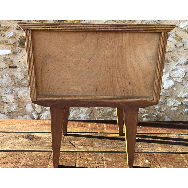 Vintage art deco bedside table in blond wood and marquetry with spindle legs