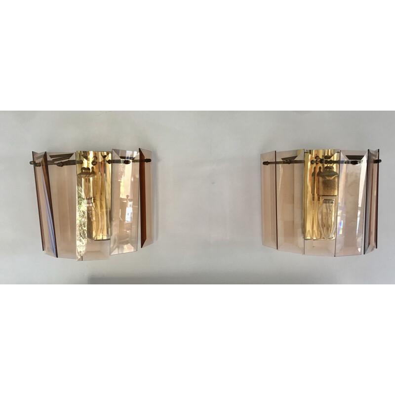 Pair of vintage wall lights in smoked glass by Fontana Arte, 1960s