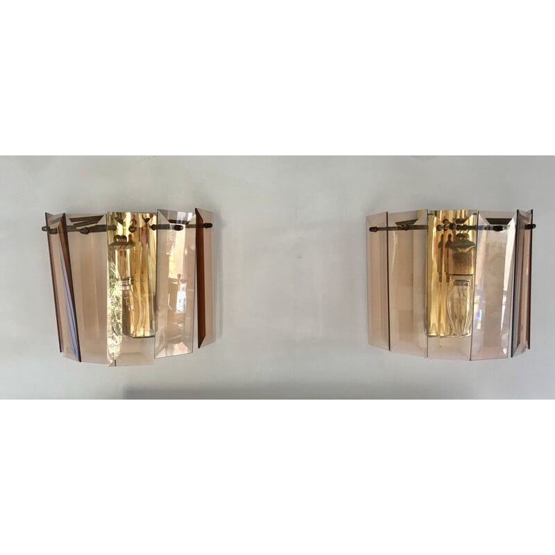 Pair of vintage wall lights in smoked glass by Fontana Arte, 1960s