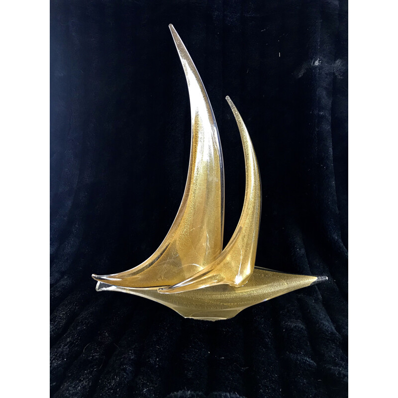 Vintage sailboat in gold and murano glass by Seguso, 1970s