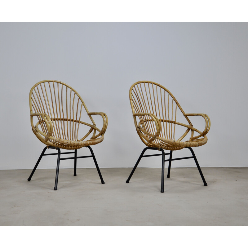 Pair of vintage rattan and metal armchairs by Rohe Noordwolde, 1960s