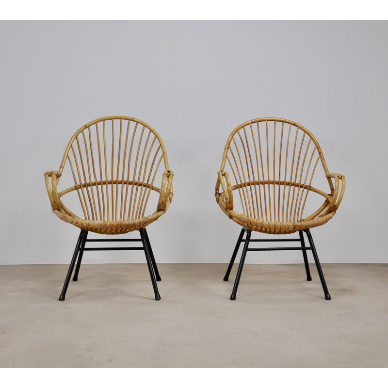 Pair of vintage rattan and metal armchairs by Rohe Noordwolde, 1960s