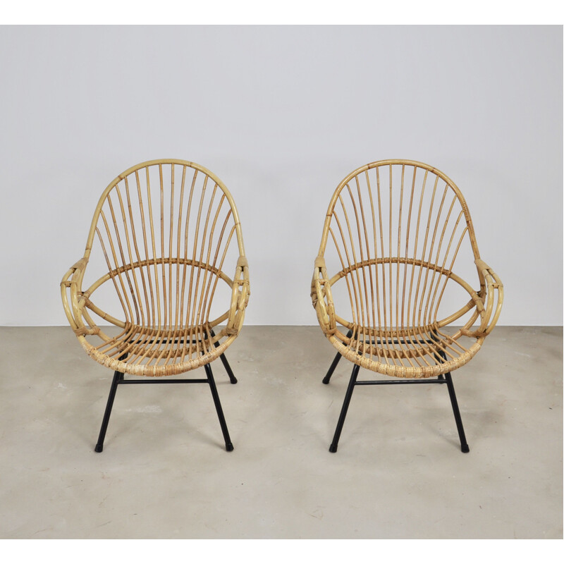 Pair of vintage rattan and metal armchairs by Rohe Noordwolde, 1960s
