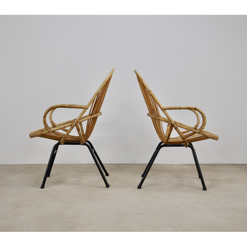 Pair of vintage rattan and metal armchairs by Rohe Noordwolde, 1960s