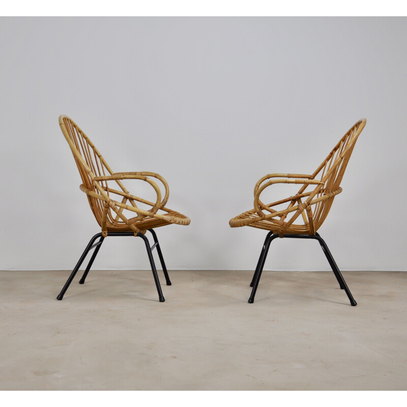 Paire de fauteuils vintage en rotin et métal par Rohe Noordwolde, 1960