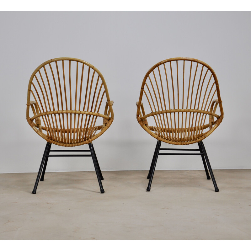 Pair of vintage rattan and metal armchairs by Rohe Noordwolde, 1960s