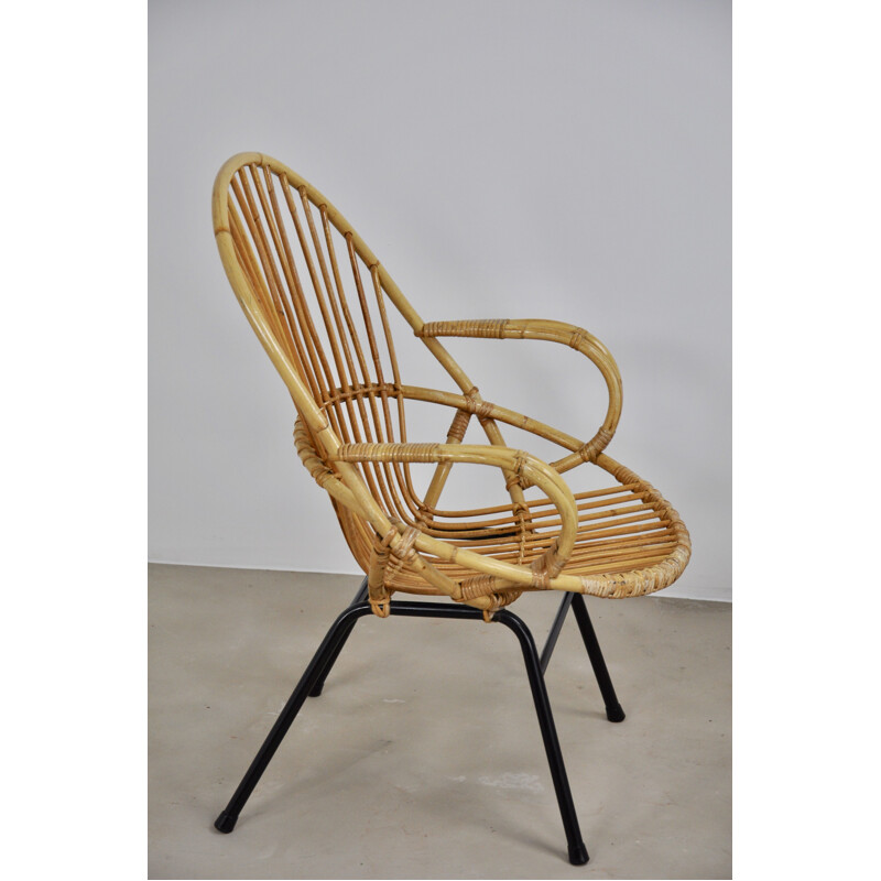 Pair of vintage rattan and metal armchairs by Rohe Noordwolde, 1960s