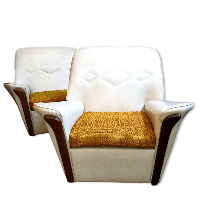 Pair of Vintage cream vinyl armchairs, Britain