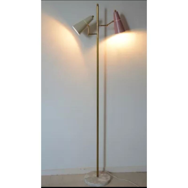 Italian floor lamp in brass and marble with 2 pink and white arms - 1950s