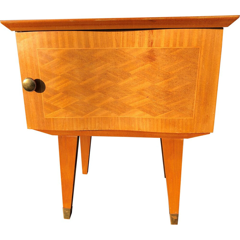 Vintage art deco bedside table in blond wood and marquetry with spindle legs