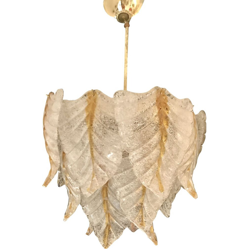 Lustre vintage Mazzega en feuille blanche et ambre 