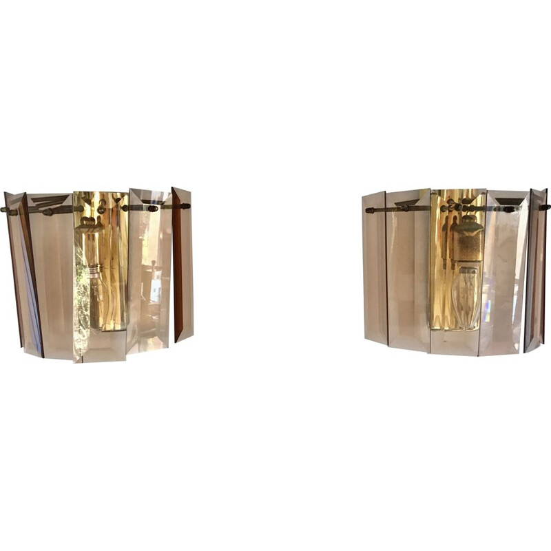 Pair of vintage wall lights in smoked glass by Fontana Arte, 1960s