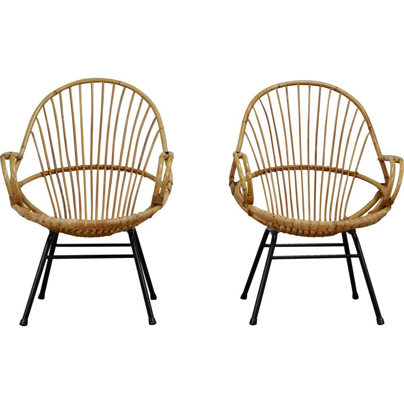 Pair of vintage rattan and metal armchairs by Rohe Noordwolde, 1960s