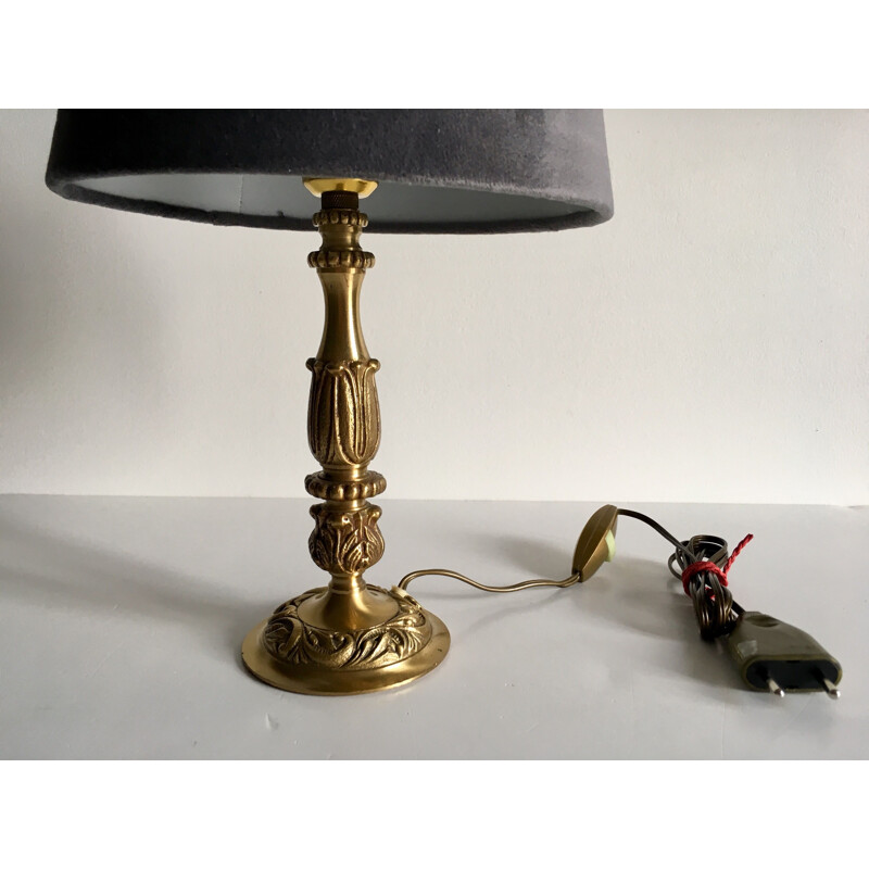 Lampe vintage en laiton et velours gris