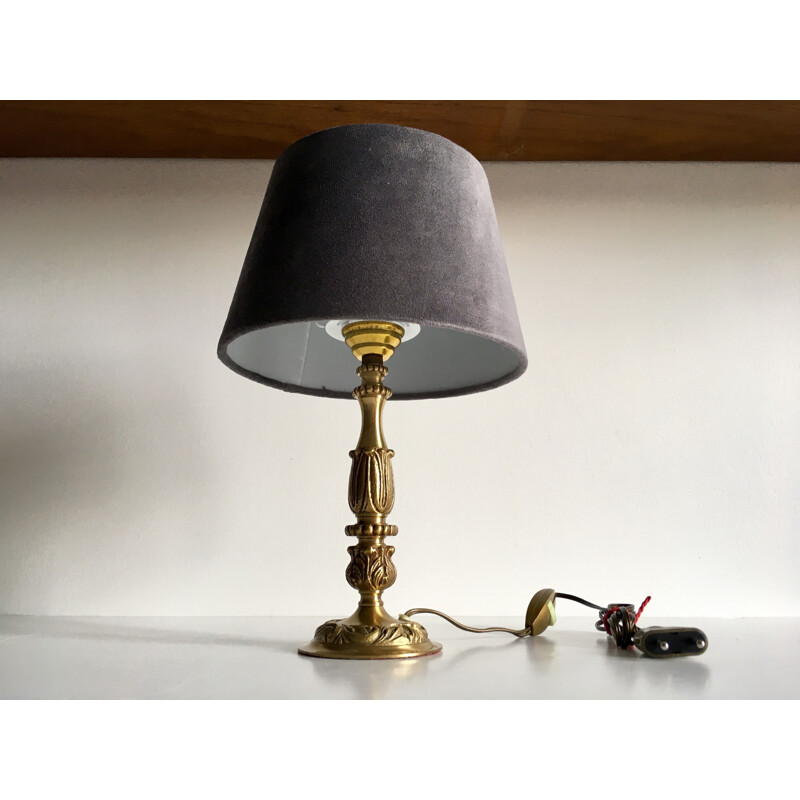 Vintage lamp in brass and grey velvet