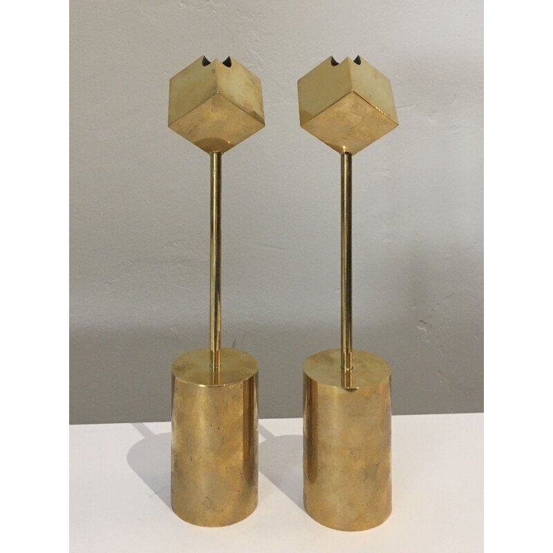 Pair of vintage brass candleholders by Pierre Forsell for Skultana, 1960s