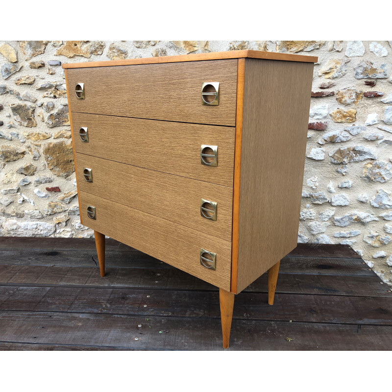 Vintage wood and brass chest of drawers, 1960-70s