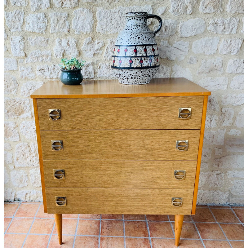 Vintage wood and brass chest of drawers, 1960-70s