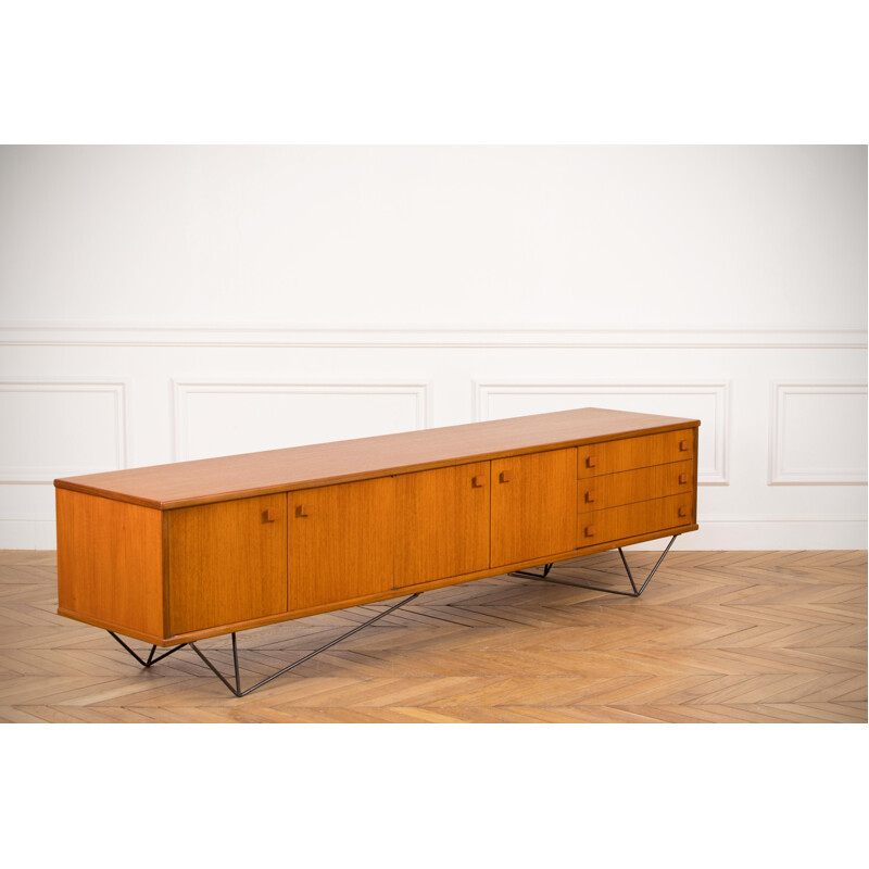 Long minimalist vintage teak sideboard, 1960s