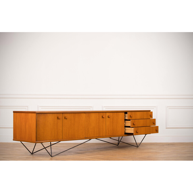 Long minimalist vintage teak sideboard, 1960s