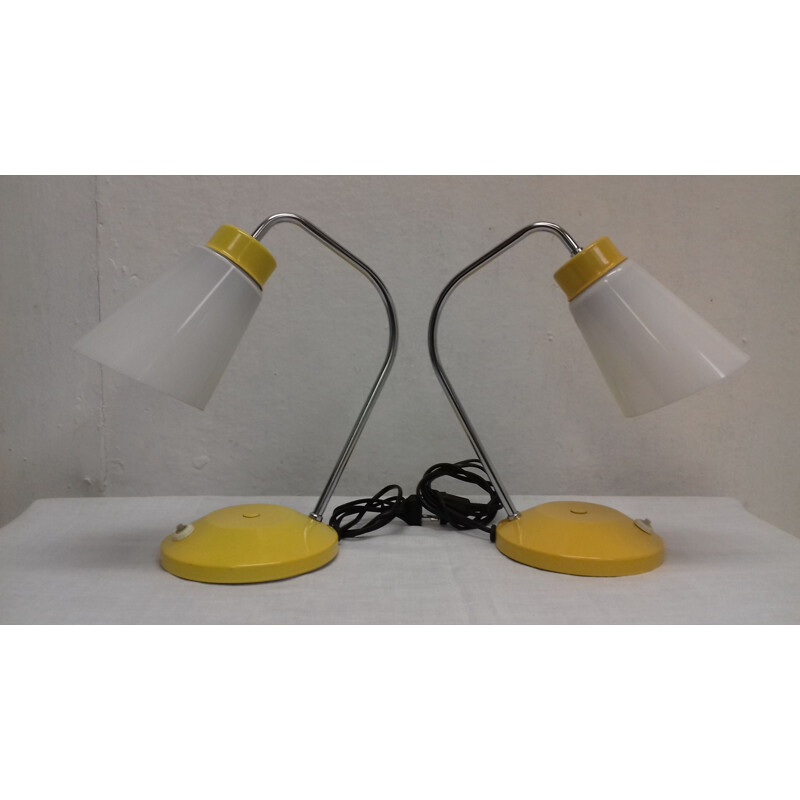 Pair of vintage metal and glass table lamps by Lidokov Boskovice, Czechoslovakia 1960