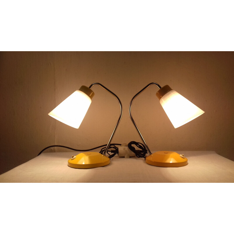 Pair of vintage metal and glass table lamps by Lidokov Boskovice, Czechoslovakia 1960