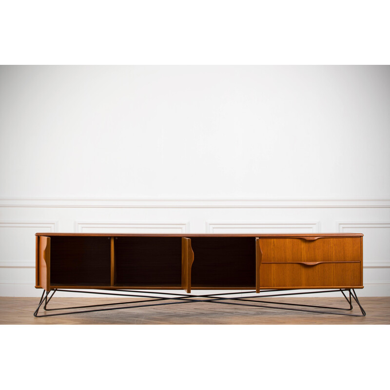 Long Minimalist vintage sideboard in blond teak, 1960s