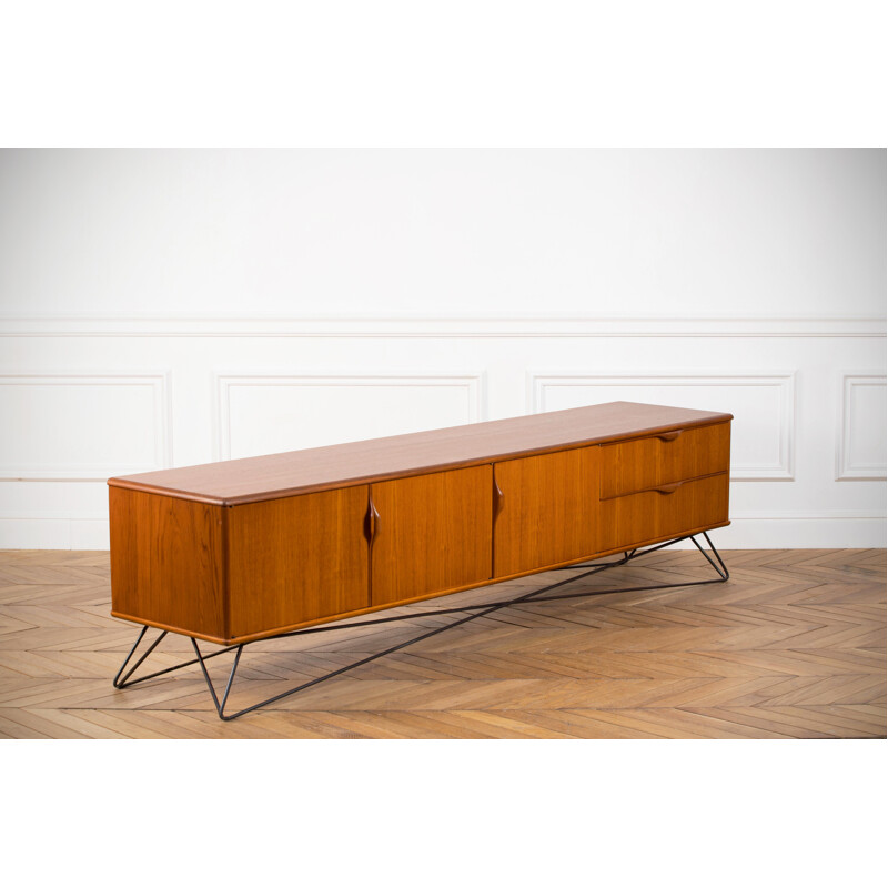 Longue Enfilade vintage minimaliste en teck blond, 1960