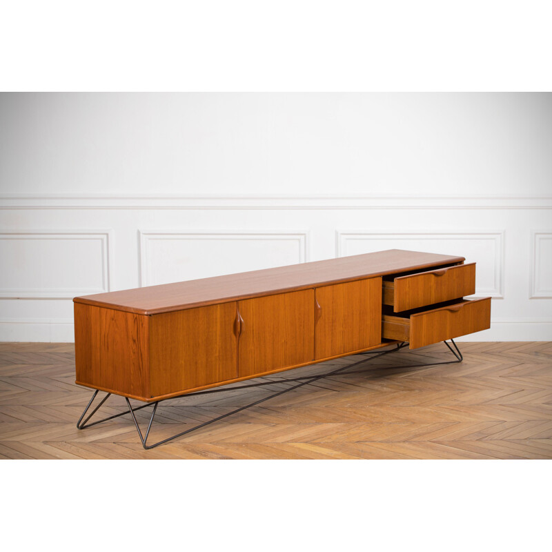 Long Minimalist vintage sideboard in blond teak, 1960s