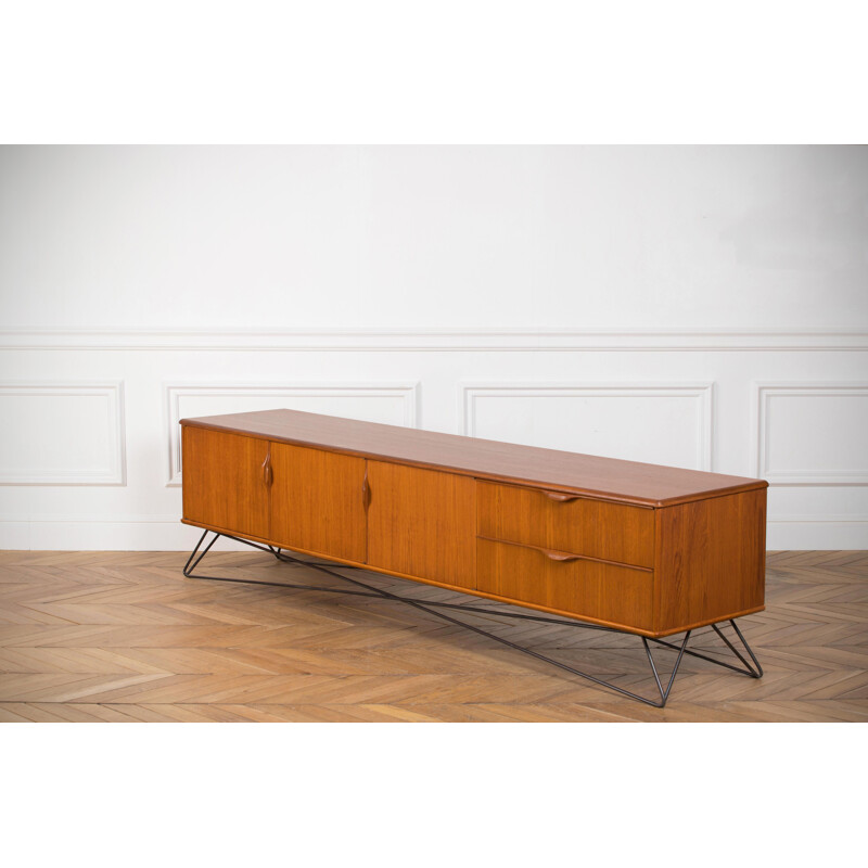 Long Minimalist vintage sideboard in blond teak, 1960s