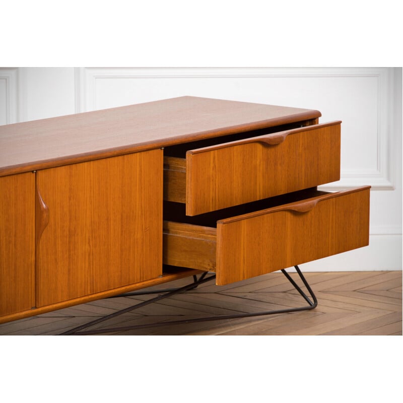 Longue Enfilade vintage minimaliste en teck blond, 1960