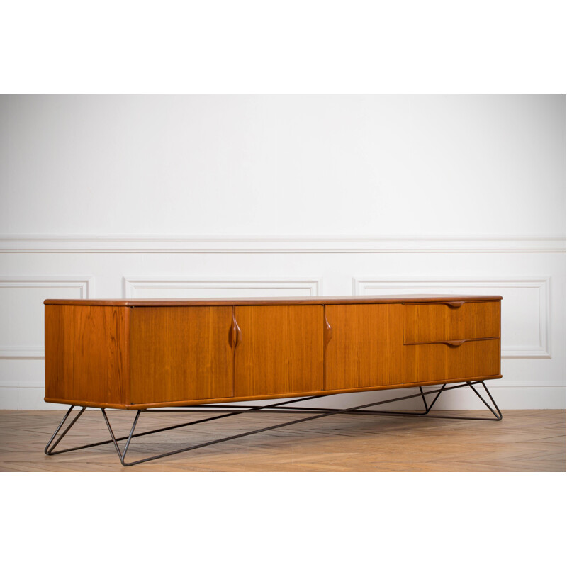 Long Minimalist vintage sideboard in blond teak, 1960s