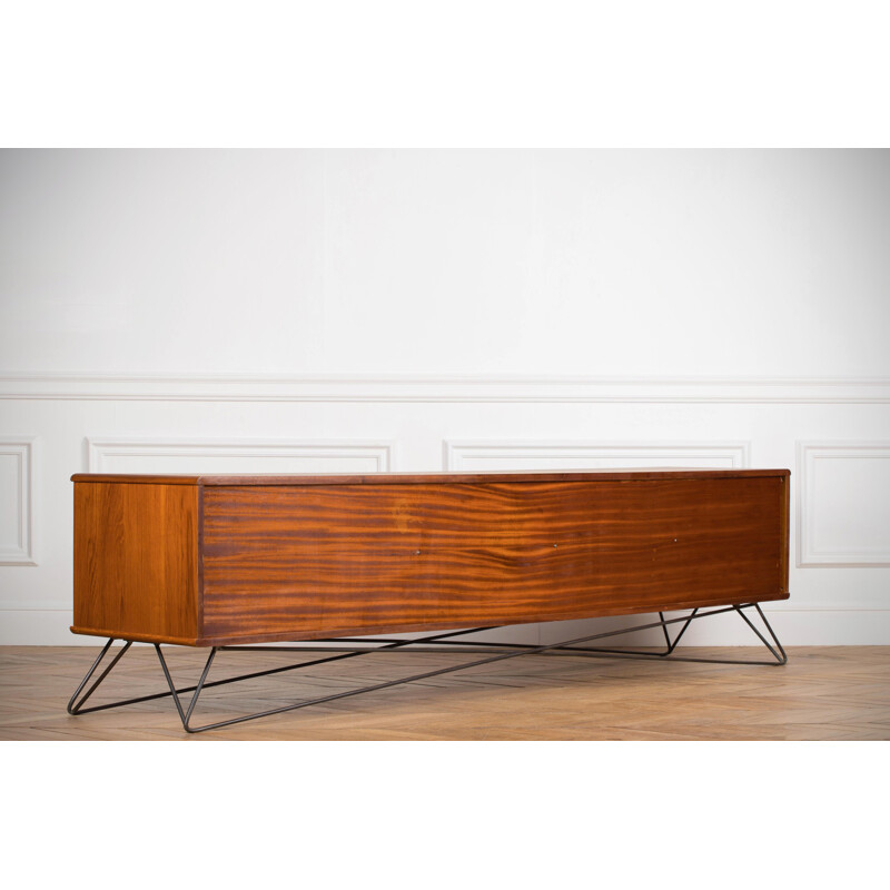 Long Minimalist vintage sideboard in blond teak, 1960s