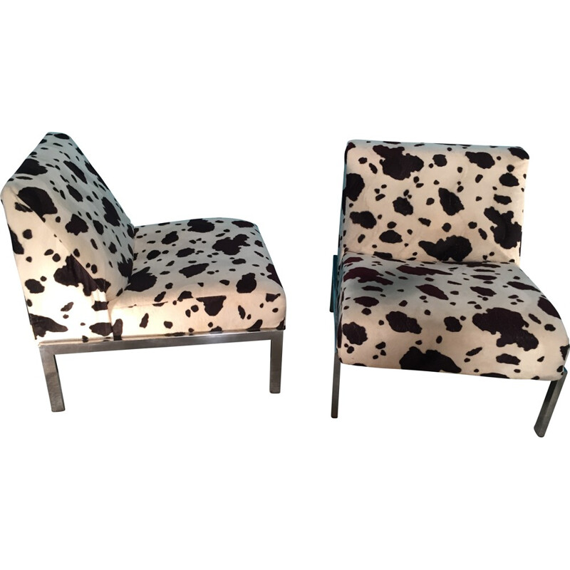 Pair of low chairs in cowhide patterned fabric - 1970s