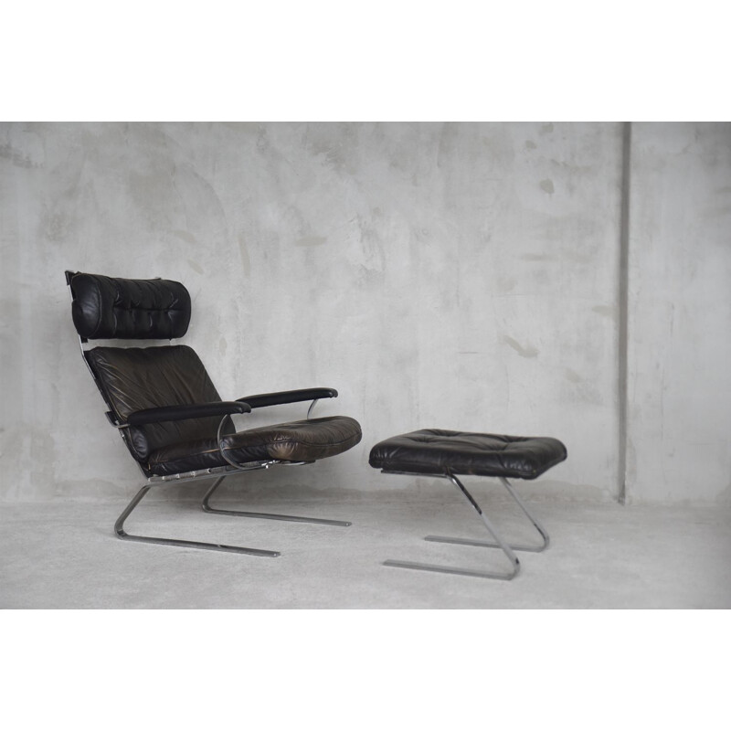 Vintage Brutalist German Leather Lounge Chair & Ottoman on Metal Runners, 1960s