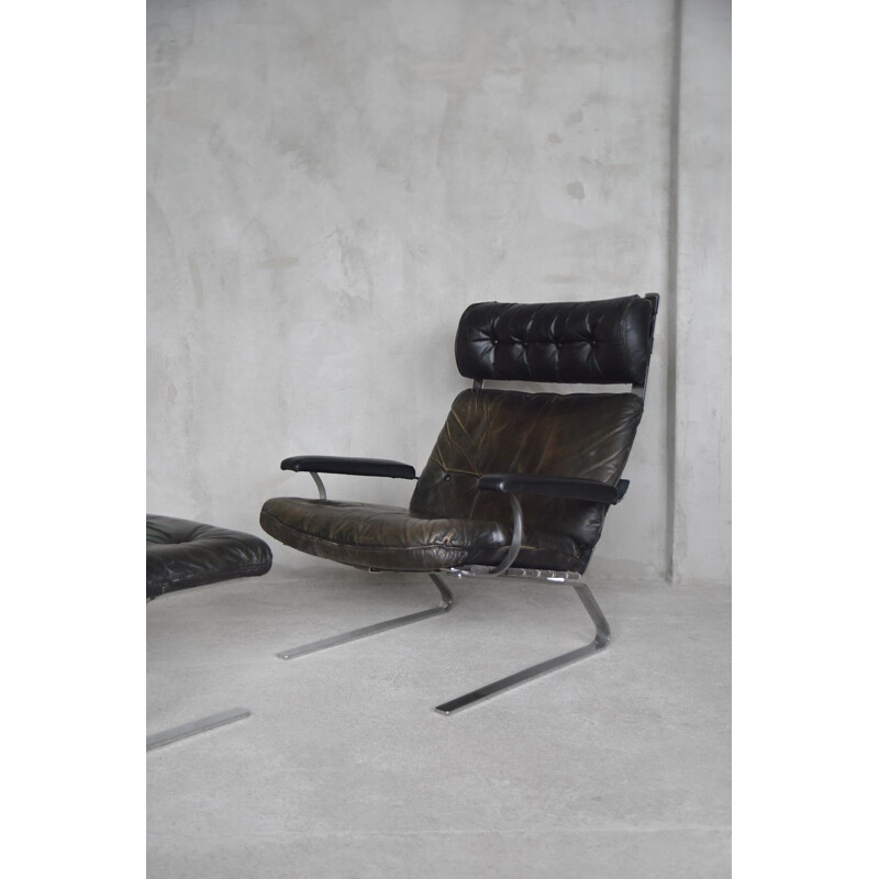 Vintage Brutalist German Leather Lounge Chair & Ottoman on Metal Runners, 1960s