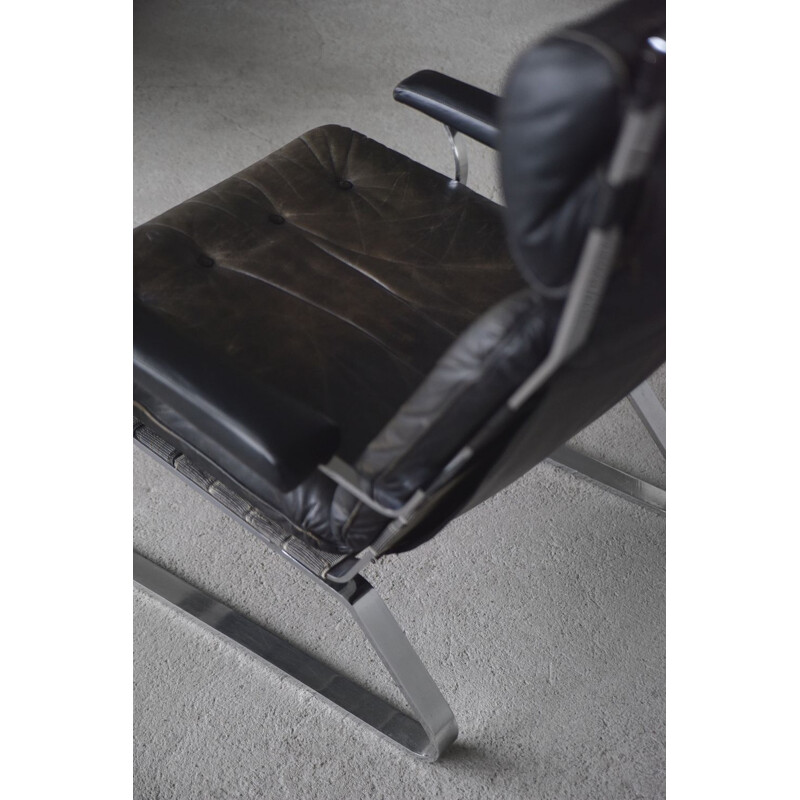 Vintage Brutalist German Leather Lounge Chair & Ottoman on Metal Runners, 1960s