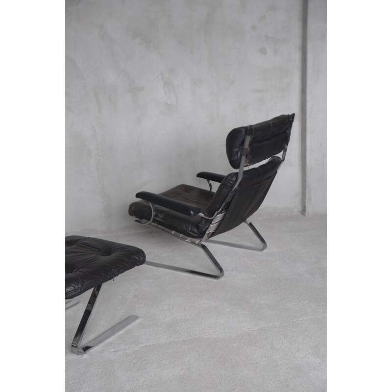 Vintage Brutalist German Leather Lounge Chair & Ottoman on Metal Runners, 1960s