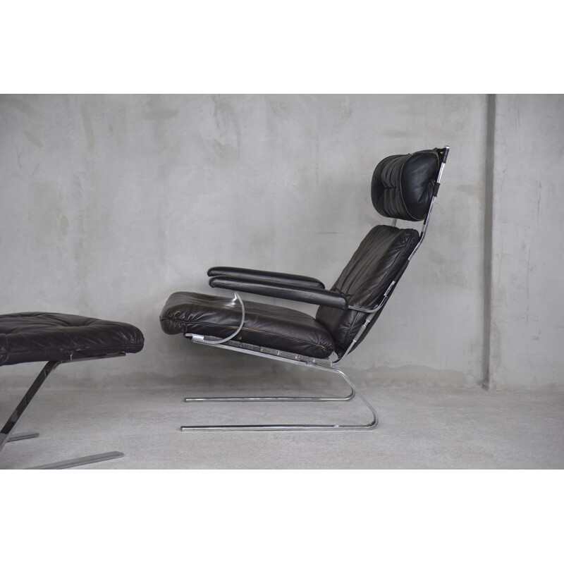 Vintage Brutalist German Leather Lounge Chair & Ottoman on Metal Runners, 1960s