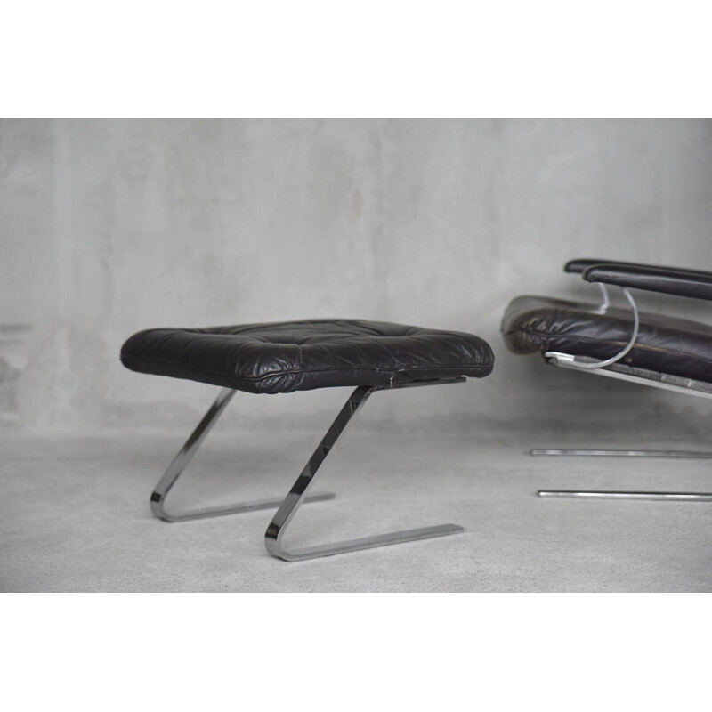 Vintage Brutalist German Leather Lounge Chair & Ottoman on Metal Runners, 1960s