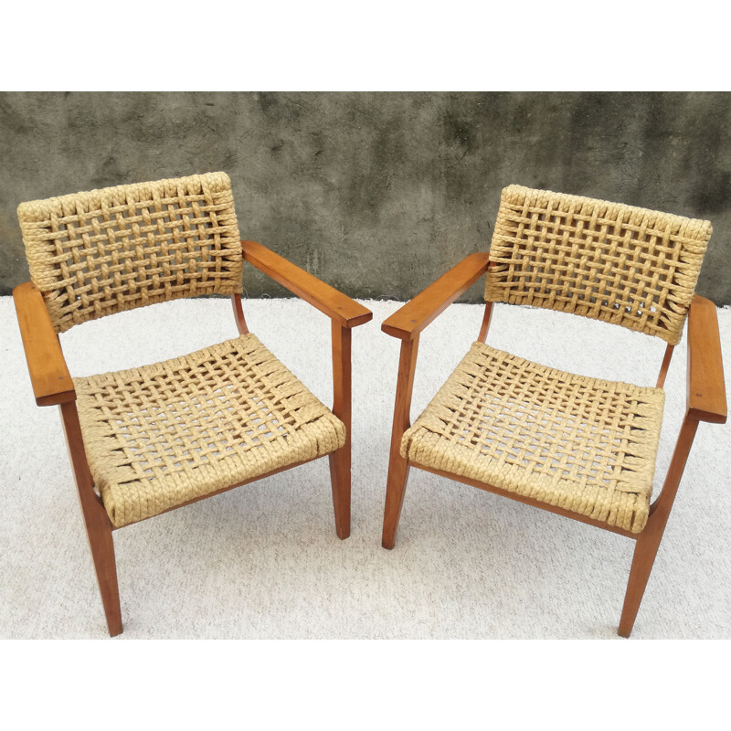 Pair of Bridge Armchairs Model by Adrien Audoux & Frida Minet, 1950