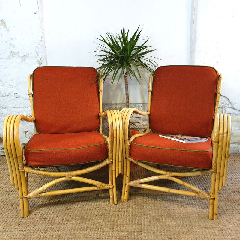 Pair of Vintage Cane red armchairs 1950