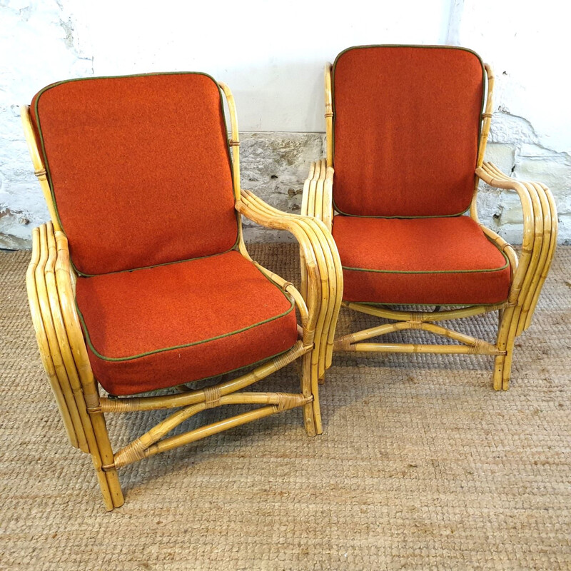 Paire de fauteuils Vintage Cané rouge 1950