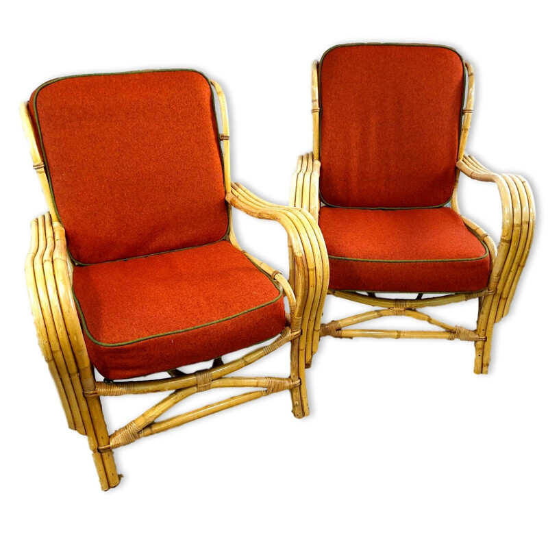 Pair of Vintage Cane red armchairs 1950