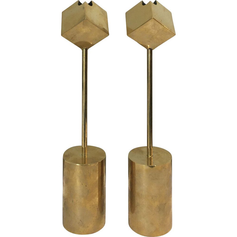 Pair of vintage brass candleholders by Pierre Forsell for Skultana, 1960s