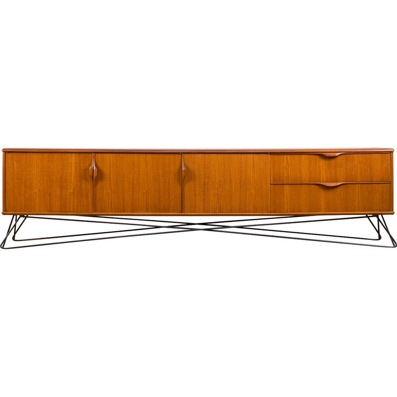 Long Minimalist vintage sideboard in blond teak, 1960s