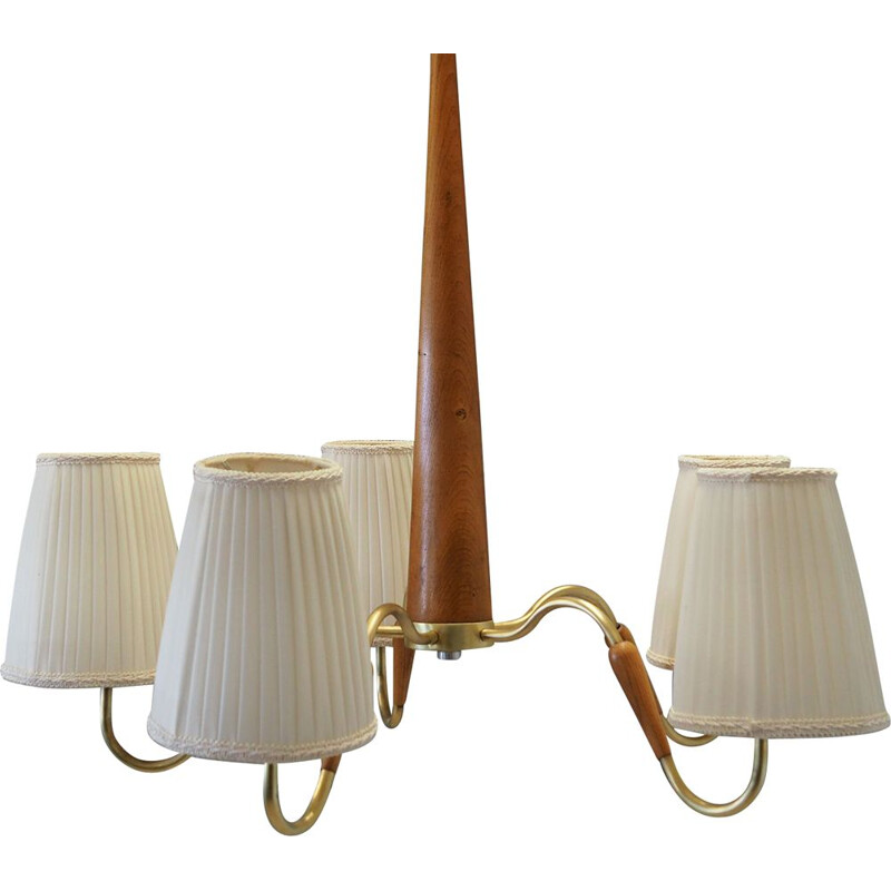 Vintage chandelier in teak and metal, 1960-70s