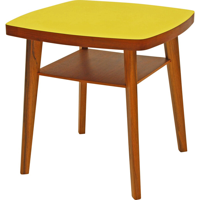 Square yellow coffee table in formica with shelf - 1960s