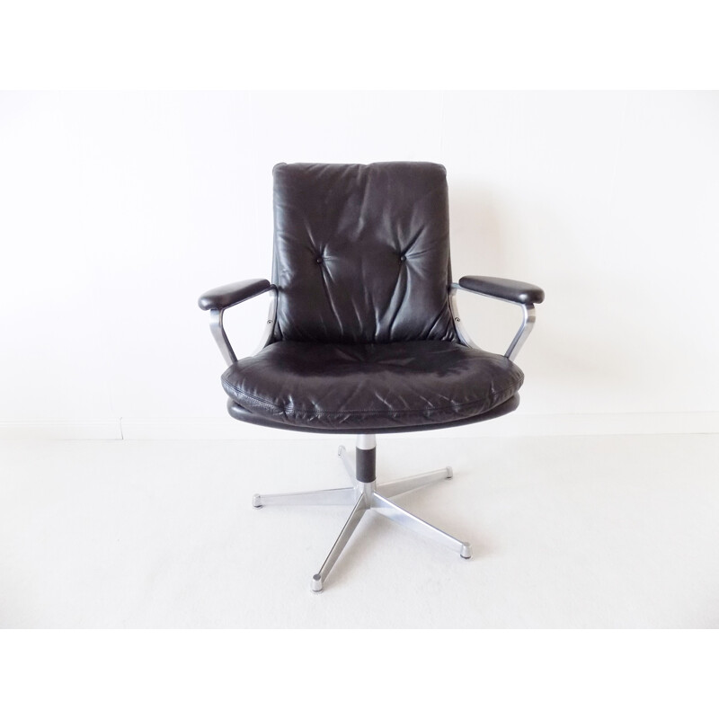 Vintage black leather Strässle Gentilina  armchair by Andre Vandenbeuck