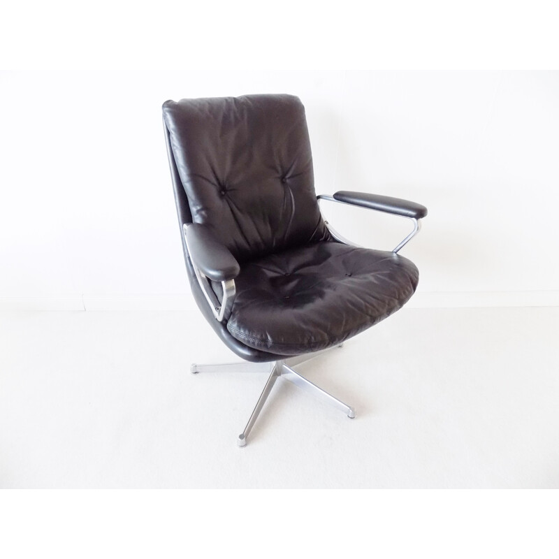 Vintage black leather Strässle Gentilina  armchair by Andre Vandenbeuck